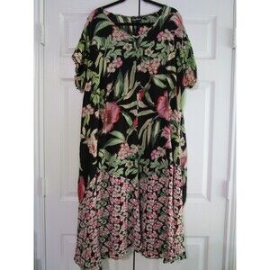 Maggie Barnes Dress Womens 3X Black Floral Print Short Sleeve Rayon Maxi Boho